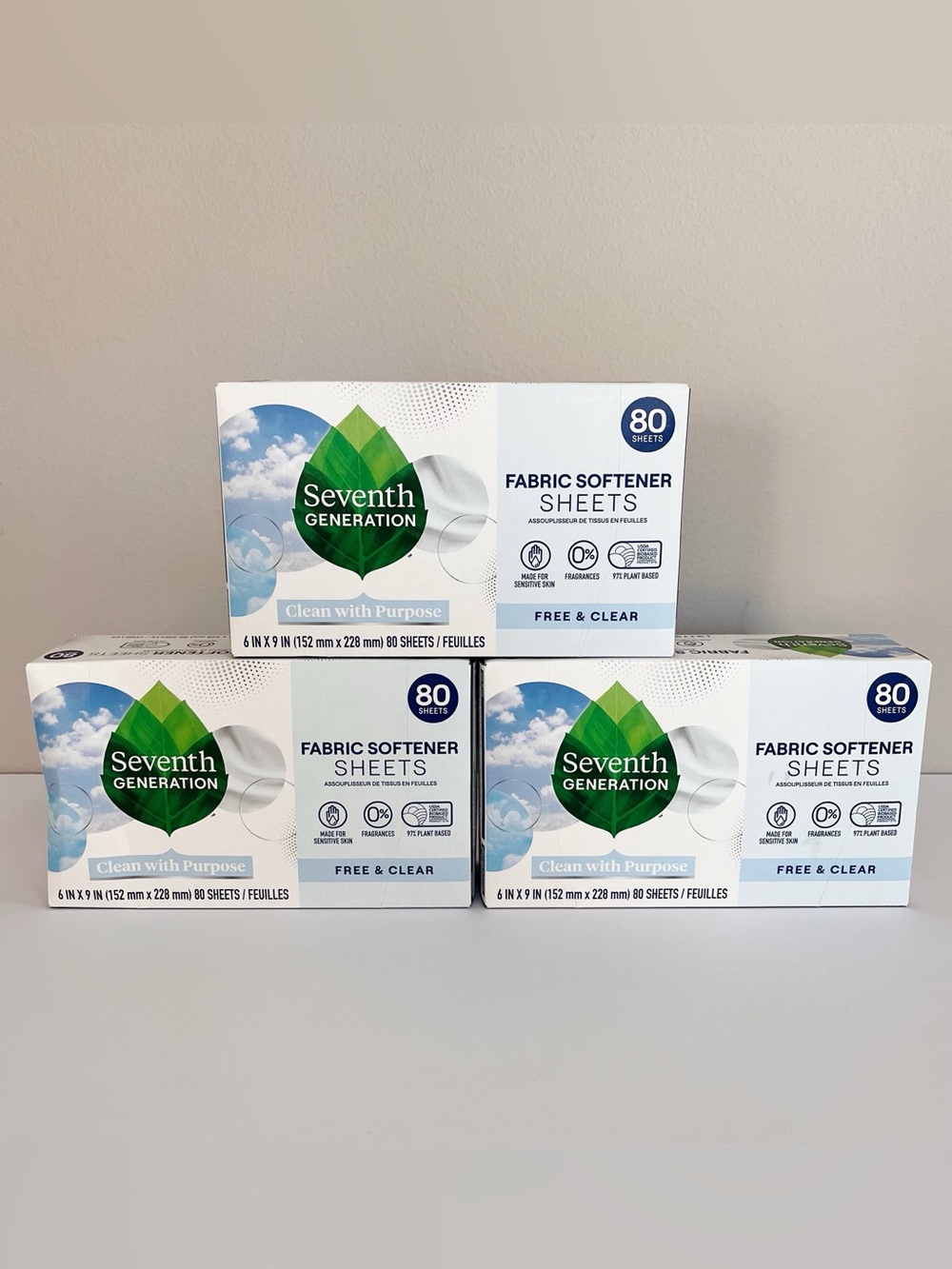 THREE Seventh Generation NEW Free and Clear Fabric Softener Dryer Sheets 80 CT